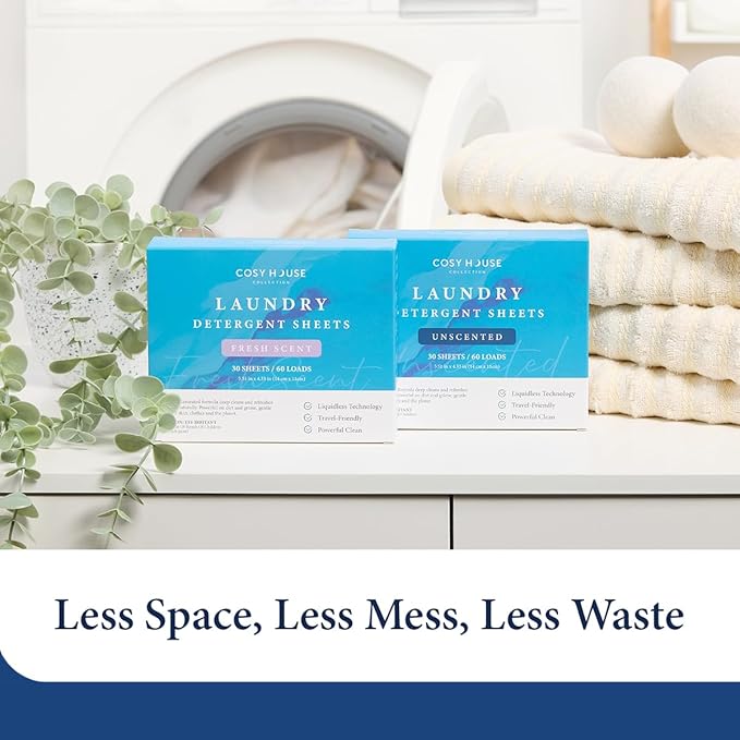 Cosy House Collection Laundry Detergent Sheets – Unscented, 30 Sheets for 60 Loads, Travel-Friendly & Liquidless Technology, Powerful Cleaning