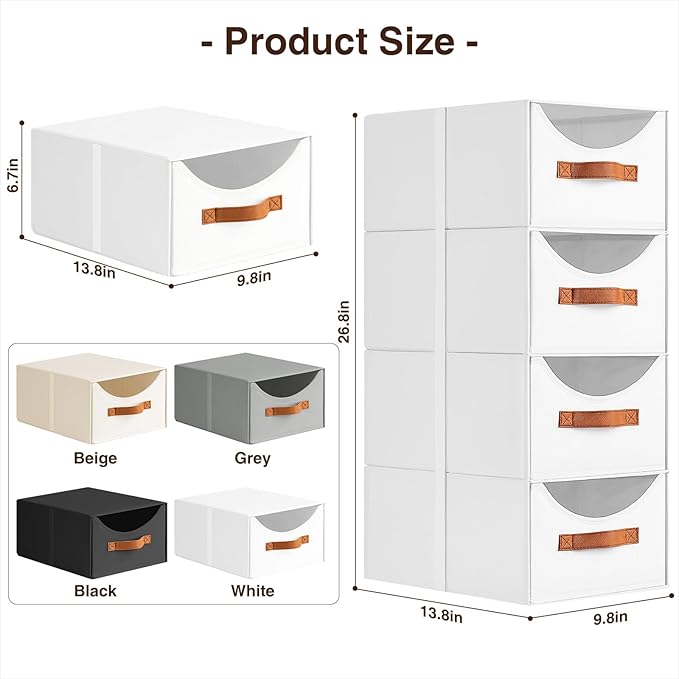 Stackable Storage Drawers - Collapsible Storage Bins with Drawers, 8 Pack Closet Shelf Organizer Basket, Fabric Pull Out Organizer for Bedroom, Living Room, Dorm, White