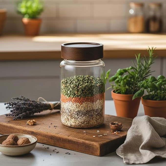 Wide Mouth Glass Storage Jars With 3" Acacia Wood Lids - 6 Pack of 16.9 Oz Airtight Food Storage Containers - Borosilicate Glass Canisters for Kitchen - Pantry Organizers Storage for Flour Rice Coffee
