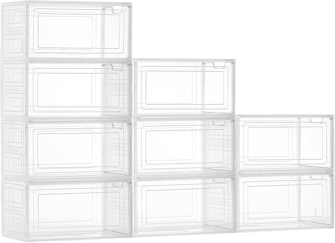 VEVOR Shoe Storage Boxes, 9 Pack Clear Stackable Shoe Boxes Storage Organizers with Magnetic Door, Fit up to US Size 13, Plastic Sneaker Containers for High Heels, Boots, and Hats, Transparent White