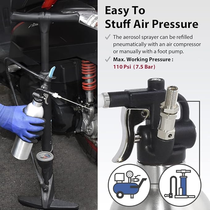 FIRSTINFO A1636 Patented Max. Pressure 110 psi / 650ml Stainless Steel Canister Aerosol Refillable Fluid Spray Can/Pneumatic Compressed Air Sprayer