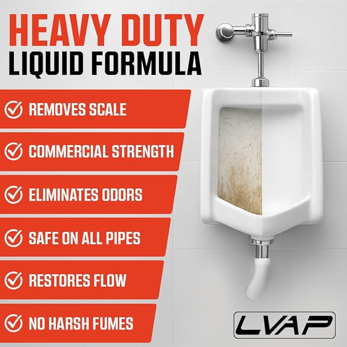 LVAP Heavy Duty Urinal Salt Remover – Made in USA – Commercial Grade Urinal Drain Cleaner & Odor Eliminator. Removes Salt, Calcium, Rust and Scale Build Up – 32 fl oz Bottles - 6 Pack