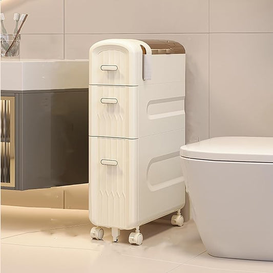 3-Tier Slim Narrow Bathroom Floor Storage Cabinet with Toilet Paper Slot,3 Drawers Movable Storage Cabinet for Living Room,Bedroom,Kitchen