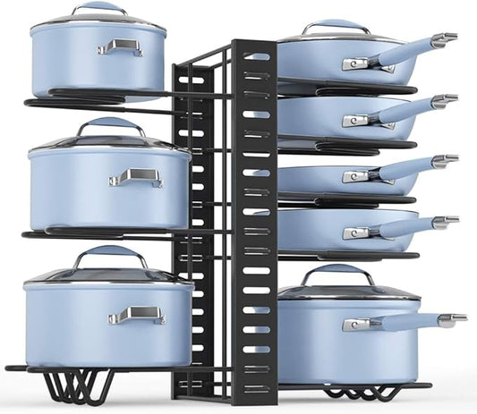 Adjustable Pots and Pans Organizer Rack for Cabinet, Metal Pans Pots Lids Storage Holder Rack with 3 DIY Methods for Kitchen, Counter,Black