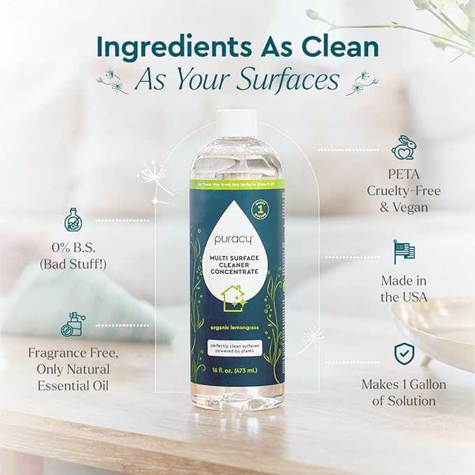 Puracy Multi-Surface Cleaner Concentrate - Plant-Powered All Purpose Cleaner - Surface Cleaner Solution As Seen on TikTok (Organic Lemongrass, 16 fl oz, 1 Pack)