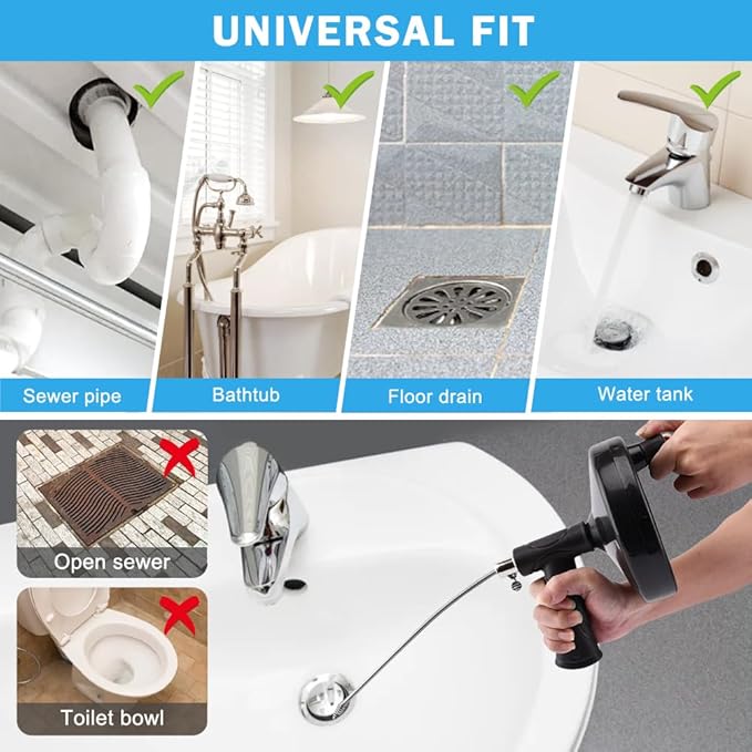 33ft Drain Clog Remover, Drain Hair Remover with Gloves, Rotating Handle Flexible Plumbing Snake Cleaner Tool for Kitchen,Bathrom and Shower (Black)