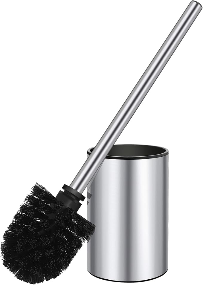 QL Toilet Brush and Holder，Stainless Steel Toilet Brush，Quick Drying Bathroom Toilet Bowl Scrubber Brush for Home and Commercial Use (Silver)