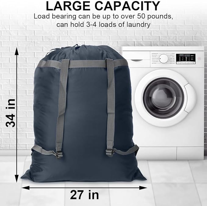 Laundry Bag Backpack, 27” x 34”Sturdy Laundry Bag with Shoulder Straps Drawstring Closure Heavy Duty Foldable Laundry Backpack for College, Travel, Laundromat, Apartment (navy)