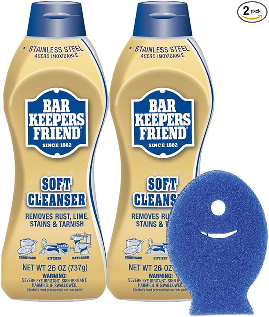 Bar Keepers Friend Soft Cleanser Liquid (2 x 26 oz) Plus Dish Fish Sponge - Multipurpose Cleaner & Rust Stain Remover for Stainless Steel, Porcelain, Ceramic Tile, Copper, Brass & More