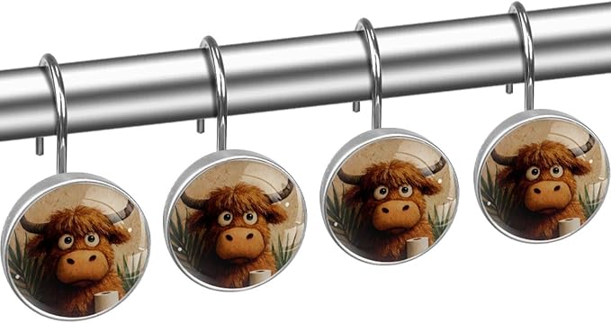 12 Packs Retro Cute Highland Cow Shower Curtain Hooks, Stainless Steel Glass Shower Curtain Rings for Bathroom Decor, Metal Rustproof Curtain Rod Hooks