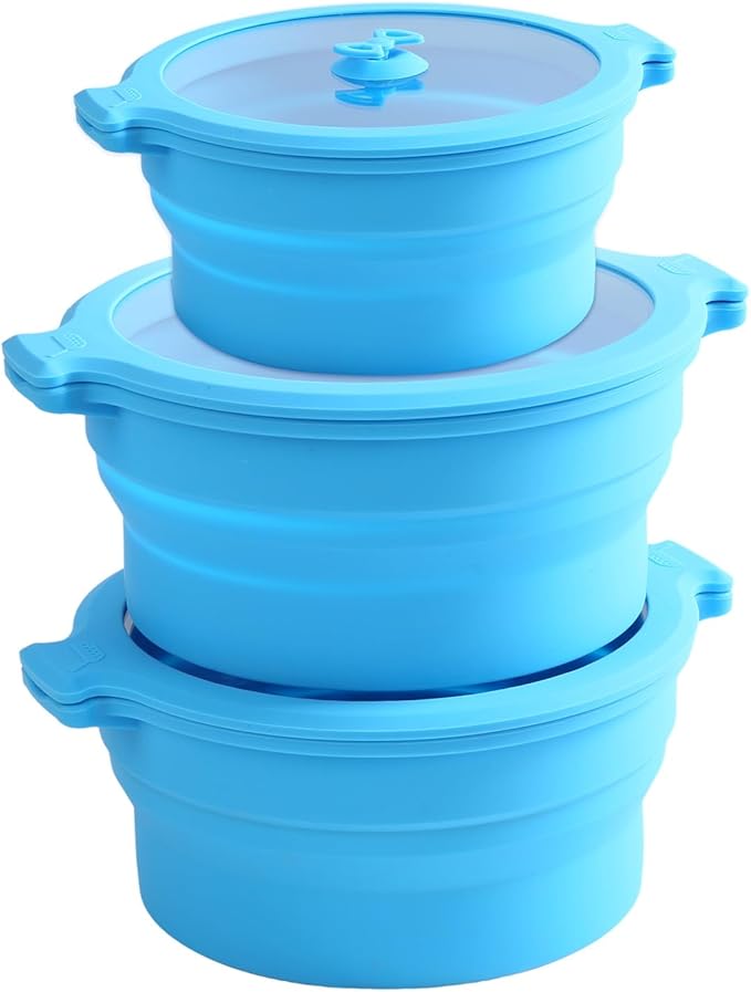 Collapsible Silicone Microwave Cookware Cooker Steamer for Cooking with Lids, 0.8L and 1.4L Glass Food Storage Container Sealed Bowl Mixing Bowls 3pc Set BPA Free