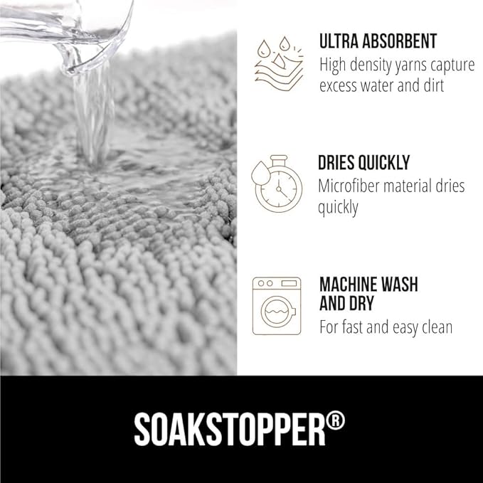 GORILLA GRIP SoakSTOPPER Dog Door Mat, 30x20 Machine Washable Rug Absorbent Doormat Captures Moisture Mud Dirt, Quick Dry Soft Chenille Entryway Rugs Indoor Entrance Mats for Dog Paws, Light Gray