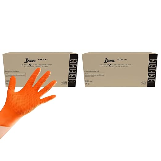 1st Choice 6 mil Orange Gloves, Disposable, Latex Free, Raised Diamond Grip, Mechanic Glove for Men, XL, 2 Cases of 1000