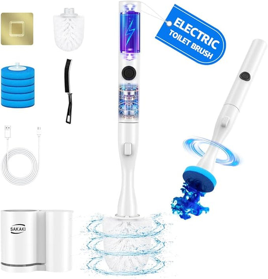 Electric Toilet Brush and Holder Set, Electric Toilet Bowl Brush, Toilet Brush Cleaner Set with 5 Refills Disposable Cleaner Brush, Floor Standing, Wall Mounted Without Drilling, Rechargeable, White