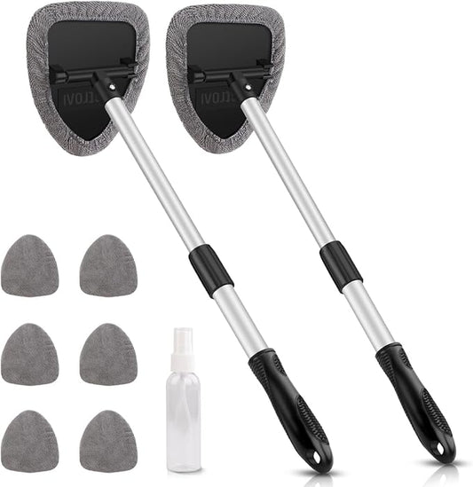 AstroAI Windshield Cleaning Tool, Car Window Cleaner Windshield Cleaner with 8 Reusable and Washable Microfiber Pads and Extendable Handle Auto Inside Glass Wiper Kit, Gray, 2 Pack