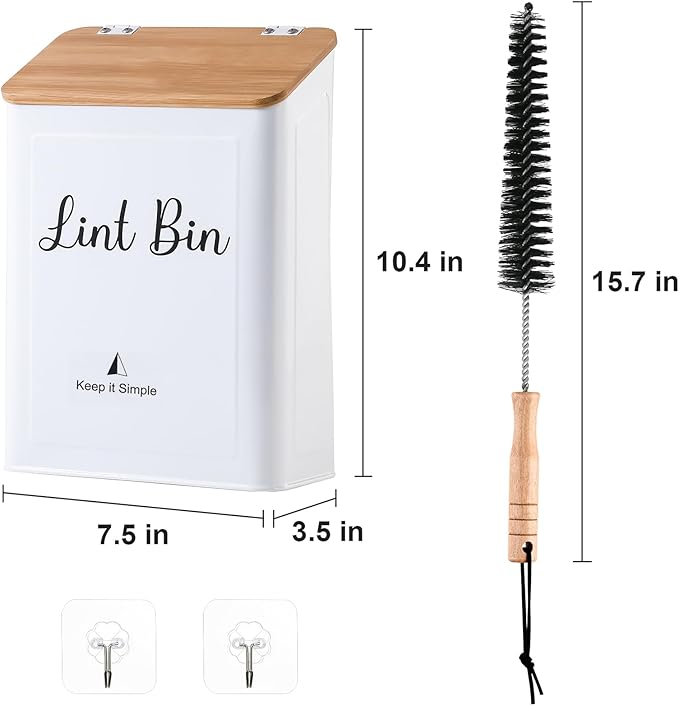 SUBEKYU Magnetic Lint Bin for Laundry Room, Wall Mounted Metal Lint Box Holder with Lid for Dryer,Laundry Room Organization and Storage,Bamboo Lid Lint Basket,White