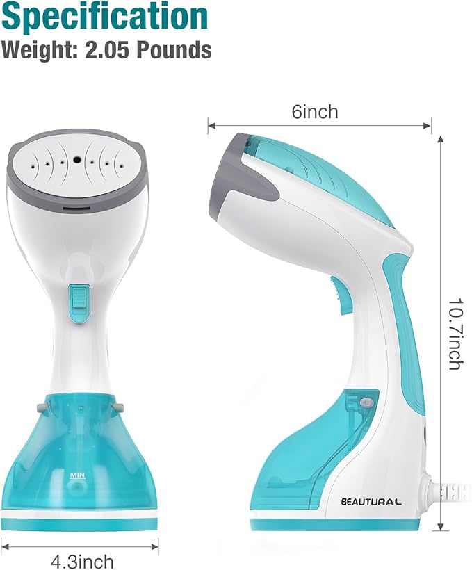 BEAUTURAL Steamer for Clothes, Portable Handheld Garment Fabric Wrinkles Remover, 30-Second Fast Heat-up, Auto-Off, Large Detachable Water Tank