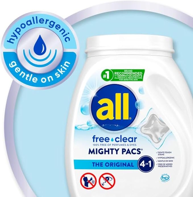 all free clear, Original, MIGHTY PACS Laundry Detergent Pacs for Sensitive Skin, Unscented and Hypoallergenic, 39 Count