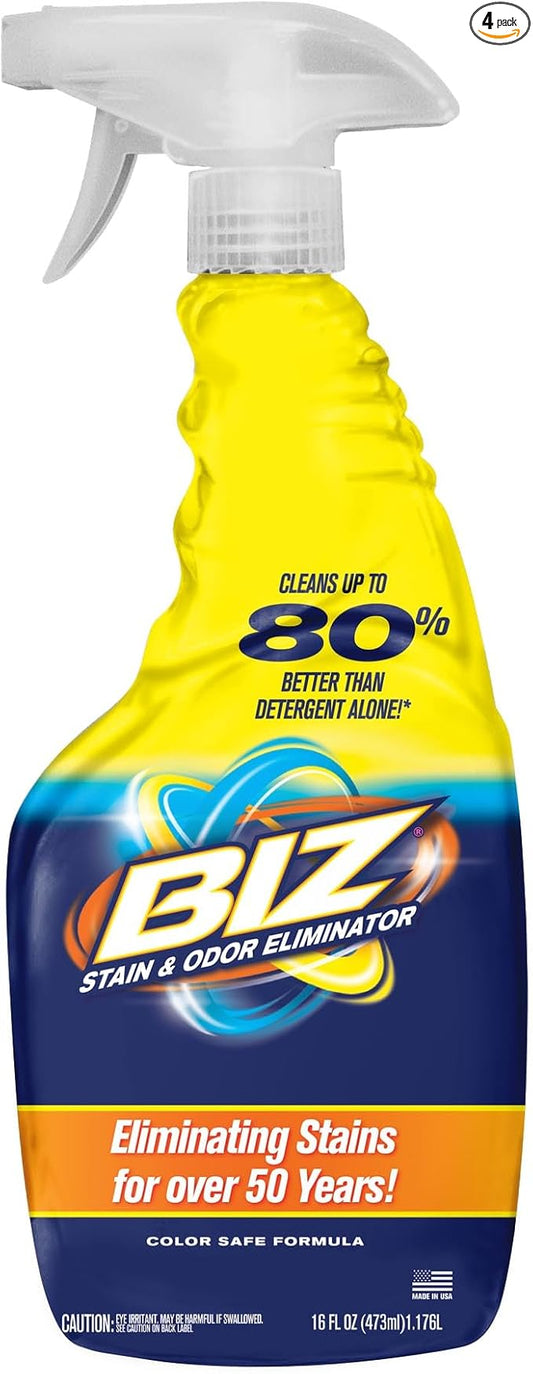 Biz Laundry Stain Remover Pre-Treat Spray, 16 oz Bottles (Pack of 4), Powerful Stain-Fighting Formula for Everyday Laundry