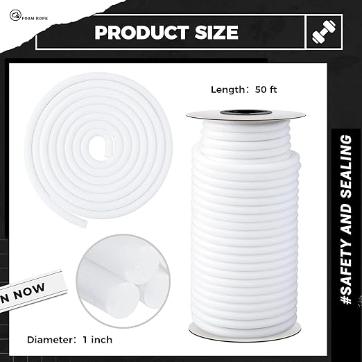 1 Inch x 50 ft Foam Backer Rod for Gaps Joints Concrete Crack Filler Caulk Saver Bulk Foam Backing Rod Concrete Filler Rope for Weather Stripping Door Seal (White)