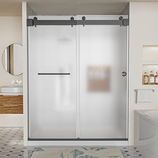 Frameless Shower Door, 56-60" W x 78" H 3/8" (10mm) Thick Tempered Frosted Glass Shower Door with Explosion-Proof Film Nano Coating, Double Sliding Doors for Walk in Shower, Stainless Steel Hardware