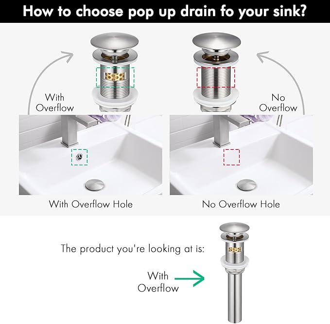 KES Bathroom Sink Drain with Overflow Vessel Sink, Lavatory Vanity Pop Up Drain Detachable Strainer, Brushed Nickel, S2018A-BN