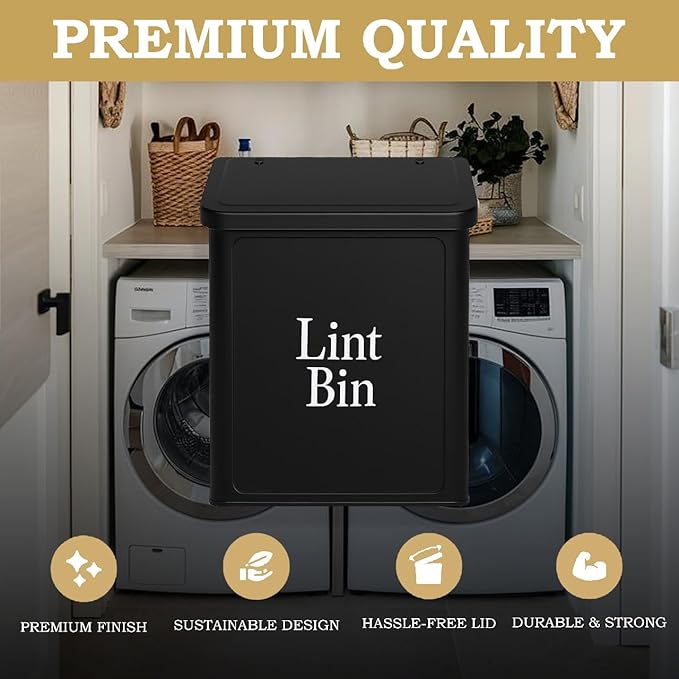 Magnetic Lint Bin for Laundry Room Organization & Storage, Wall-Mounted Dryer Lint Bin Trash Can with Lid, Lint Box Includes Brush, 2 White Hooks, 1 Black Hook, Screws & Magnet Glue (Black)