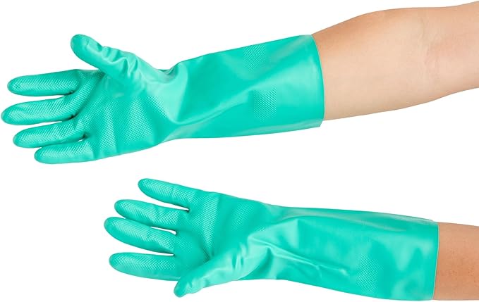 Restaurantware Green Cleaning Gloves 10 Pairs 15 Mil Thick Large Heavy-Duty Nitrile Gloves With Long Cuff No-Latex Flock Lining For Use In Hospitals, Laboratories, Kitchens and Households