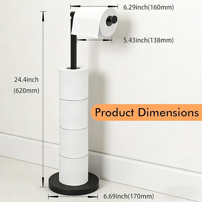 DAWNER 24" Black Toilet Paper Holder Free Standing, Stainless Steel Rustproof Toilet Paper Stand with Storage, Stable Heavy Weighted Flat Base for Apartment, Bathroom, Kitchen, Matte Black Finish