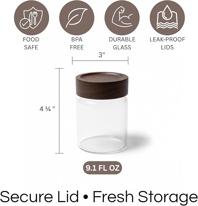Wide Mouth Glass Storage Jars With 3" Acacia Wood Lids - 6 Pack of 9.1 Oz Airtight Food Storage Containers - Borosilicate Glass Canisters for Kitchen - Pantry Organizers and Storage for Rice Coffee
