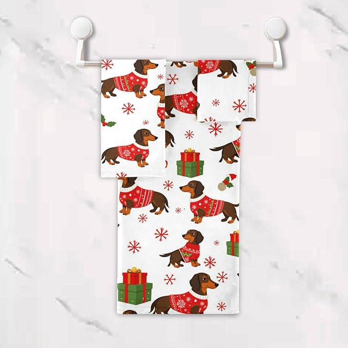 Pfrewn Christmas Winter Towels Set of 3 Dachshund Dog Christmas Snowflakes Bathroom Towel Soft Absorbent Bath Hand Towels Washcloth Guest Towel Sets Xmas Holiday Decor