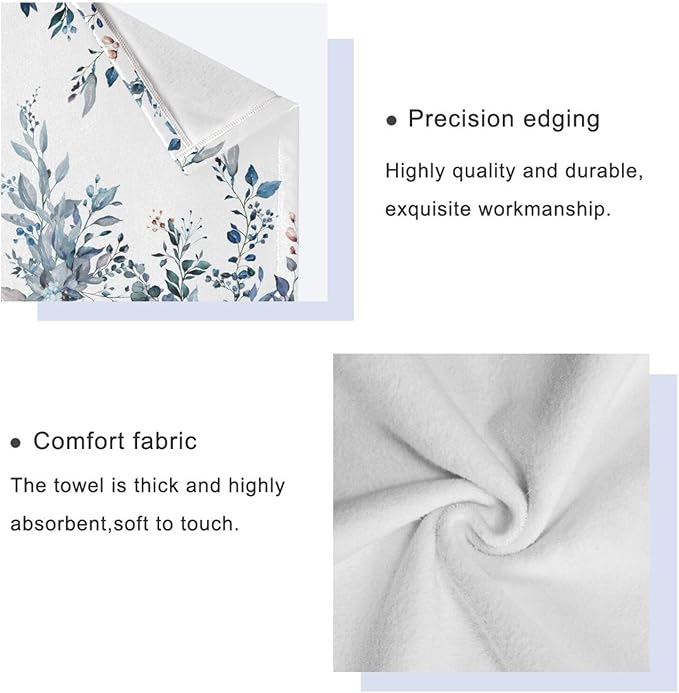 Blue Eucalyptus Bath Towel Set, 3 Piece Watercolor Blue Leaf Floral Spring Set, Absorbent Microfiber Decorative Towels for Hair, Face