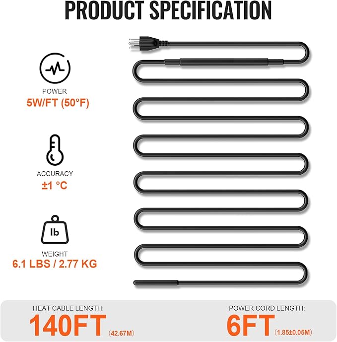VEVOR Self-Regulating Pipe Heating Cable, 140FT 5W/FT Heat Tape for Pipes, Roof Snow Melting De-icing, Gutter and Pipe Freeze Protection