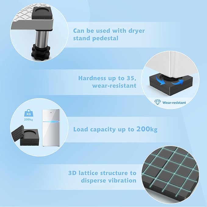 SEISSO Anti Vibration Pads for Washing Machine, Anti Vibration Pads Prevent Washer & Dryer Moving Shaking Walking, Noise Dampening Anti Vibration Washing Machine Support, Shock Absorbing Mat-Square