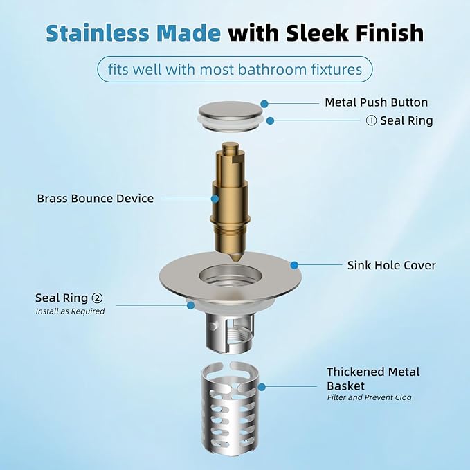 Universal Metal Bathroom Sink Drain Strainer Hair Catcher Upgraded 3 in 1 Pop-up Sink Stopper, with Detachable Stainless Steel Filter Basket, Fit for Standard 1.1''~2.36'' Basin Hole, Brushed Nickle