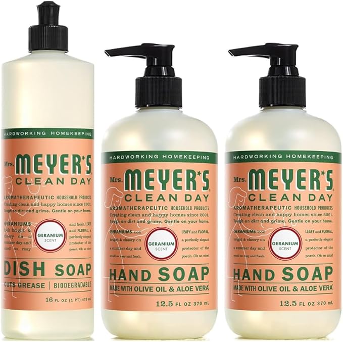 Mrs. MEYER'S CLEAN DAY Variety, 2 Liquid Hand Soap 12.5 OZ, 1 Liquid Dish Soap, 16 FL OZ (Geranium)