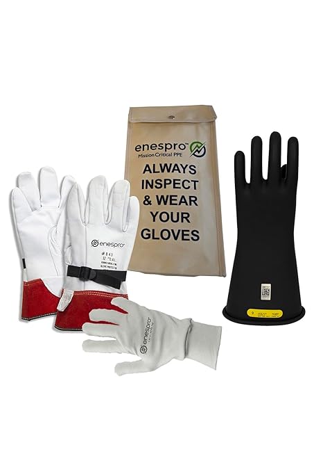 Enespro Class 2 Black Rubber Voltage Insulating Glove Premium Kit with FR Knit Glove and Leather Protectors, Max. Use Voltage 17,000V AC/ 25,500V DC (KITGC2B12AG)