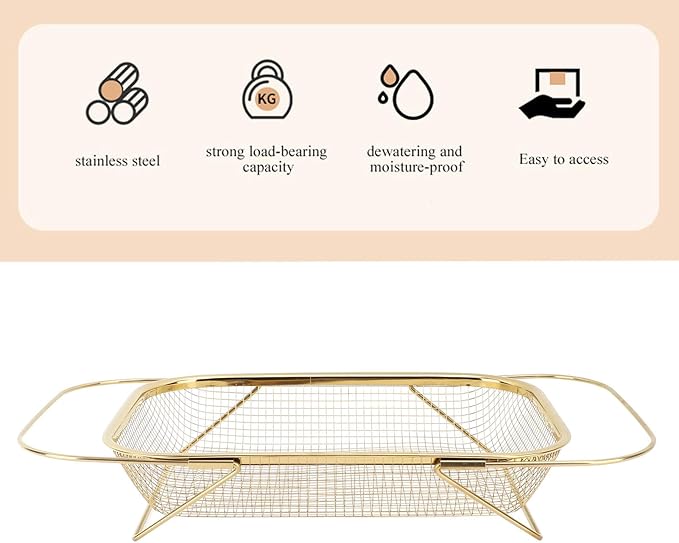 Over The Sink Colander, Rectangle Stainless Steel Over The Sink Strainer Basket For Kitchen Sink with Handles Fine Mesh Expandable Handy Kitchen Tool Kitchen Essentials (Gold)