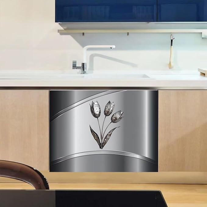 Gray Metallic Flower Pattern Magnet Dishwasher Cover Stainless Steel Magnetic Cover, Kitchen Dishwasher Door Magnet Cover Panel Refrigerator Decortive Sticker (23" x 17" Magnetic)