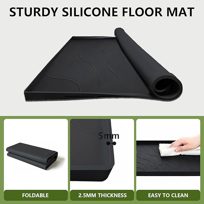 27×27×0.79inch Washing Machine Pan, With Raised Edge Washer Drip Tray, Drain Pan Silicone Mat, Foldable Portable Anti-Vibration Non-Slip Waterproof Pad, Textured Surface (Black)