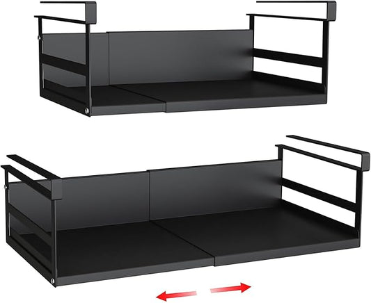 Expandable Under Cabinet Shelf Organizer with 0.94-Inch Thick Clips, Heavy Duty Extendable Under Shelf Storage Basket for Pantry or Laundry Room, Black, 2 Pack, Interior: 4.13" H x 8.54" D