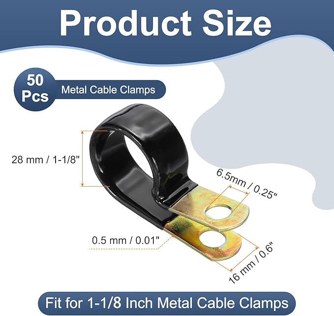 PATIKIL 1-1/8 Inch Vinyl Coated Cable Clamps, 50 Pack Galvanized Steel Metal Cable Clips Rubber Cushion Insulated Pipe Clamps for Tube Lines Cord Wire Management, Black