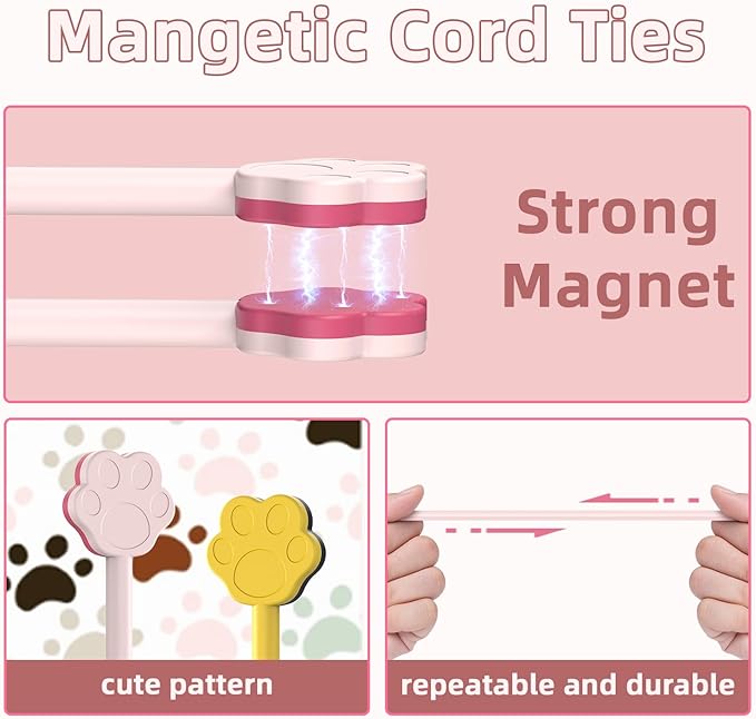 Cute Dog Paw Magnetic Cable Ties (32 Pack, 7.28 In) silicone cable ties reusable,Strong magnetic adsorption,Great for Bundlingand Organizing, Holding Stuff Book Markers, Fridge Magnets (Multicolor)