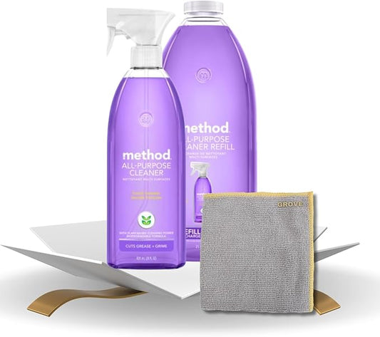 Method French Lavender Scent All Purpose Cleaner Spray 28 oz + 68 oz Refill Bundle with Microfiber Cloth - Multi Surface Cleaner Spray - Plant-Based Cleaning Power - Biodegradable Formula - (3 Items)