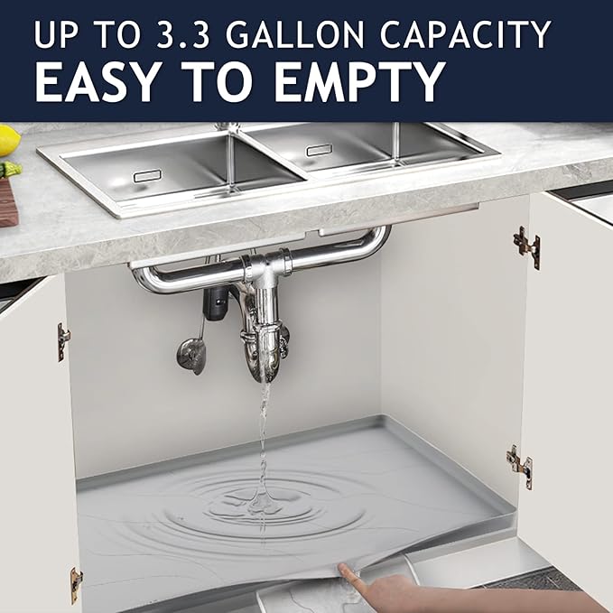 Heavy Duty Silicone Under Sink Mats for Kitchen Waterproof 34" x 19", Extra Thick Under Sink Rubber Mat Drip Tray, Raised Edge Under Sink Liner,Prevent Drips, Leaks, Spills,Grey