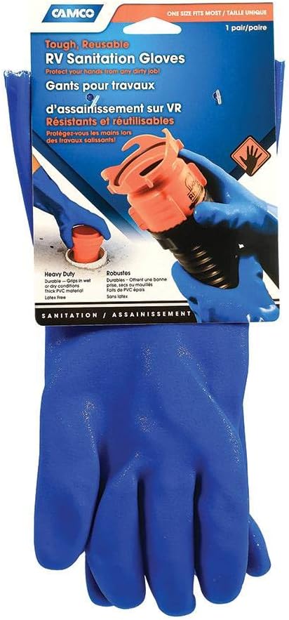 Camco Durable All Purpose RV and Camper Reusable Sanitation Gloves - Will Grip in Wet or Dry Conditions | Blue PVC Gloves - 1 Pair (40287)