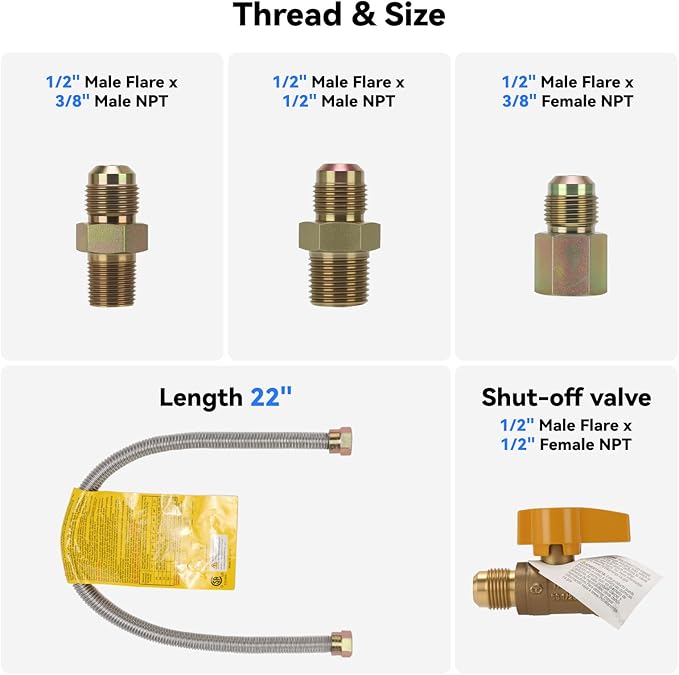 Solimeta 22-Inch Universal Gas Appliance Hook-Up Kit – Stainless Steel Corrugated Pipe with Brass Ball Valve, Fittings & CSA Certified for Gas Stoves, Dryers, Heaters, Fireplaces
