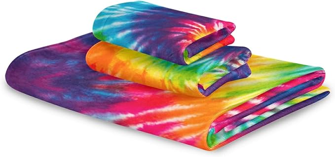 Pfrewn Tie Dye Towels Set of 3 Rainbow Hippie Colors Bathroom Towel Soft Absorbent Chic Abstract Swirl Bath Hand Towels Washcloth Guest Towel Sets Bathroom Decorations