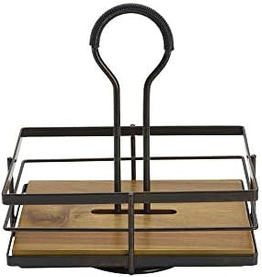 Gourmet Basics by Mikasa Nova Rotating Condiment Caddy, Handcrafted Iron and Acacia Wood Table Organizer with Spinning Platform and Carrying Handle, Contemporary Black Finish, 8.75 x 7 x 9.25 Inches