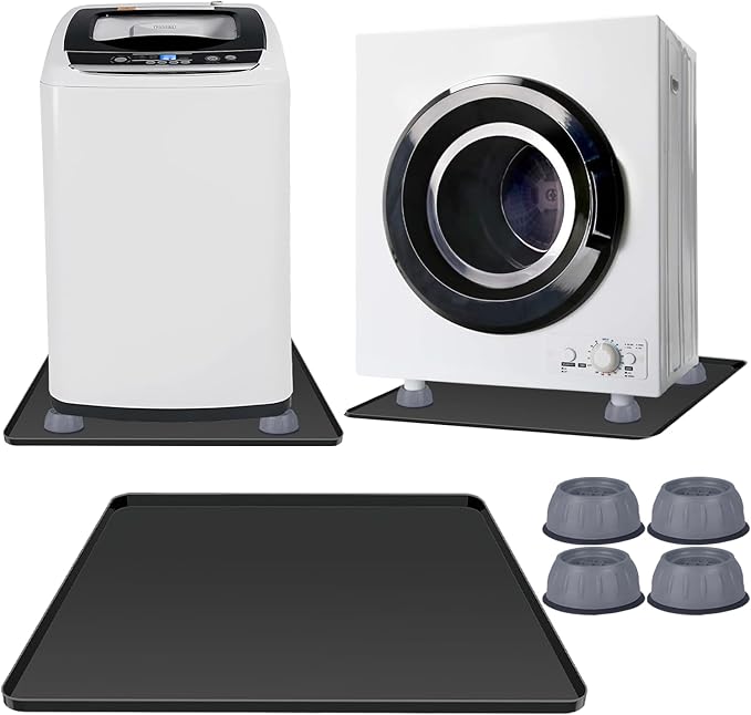 Washing Machine Pan with 4 Anti-Vibration Foot Pads – 23.6"x23.6",Non-Slip, Waterproof, Laundry Appliance Floor Protector Set –Noise Reduction Leak Prevention -Washer Soft Silicone Bottom Mat